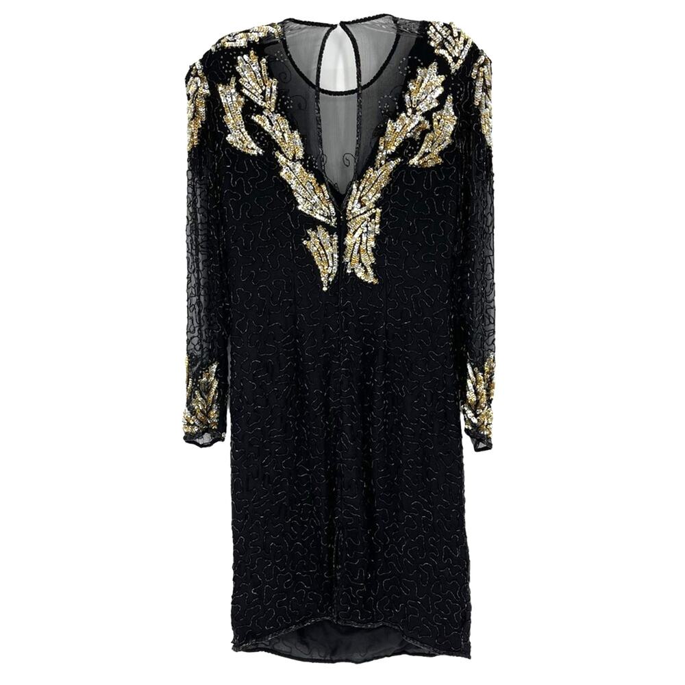 Vintage Beaded Black Gold Evening Dress Sz Large Rare 80s Vampire Sheer Goth